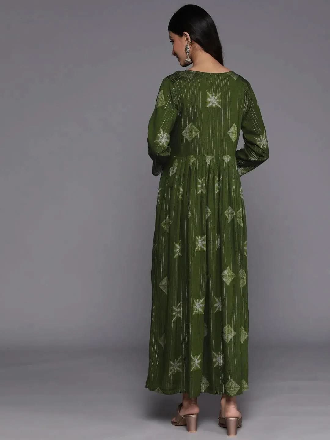 Green Printed Fit and Flare Rayon Dress - Libas