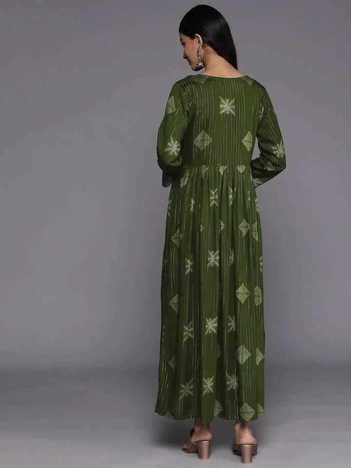 Green Printed Fit and Flare Rayon Dress - Libas