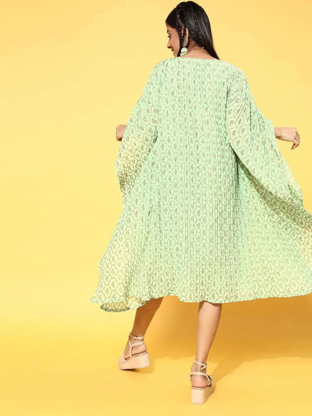 Green Printed Georgette Dress - Libas