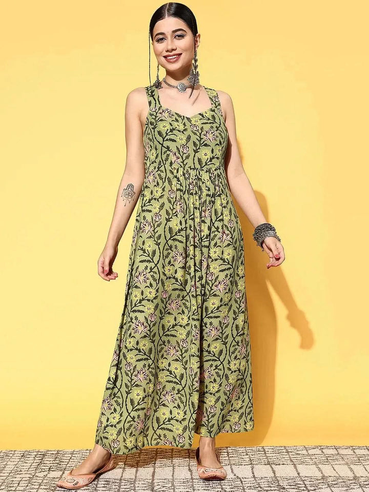Green Printed Georgette Fit and Flare Dress - Libas