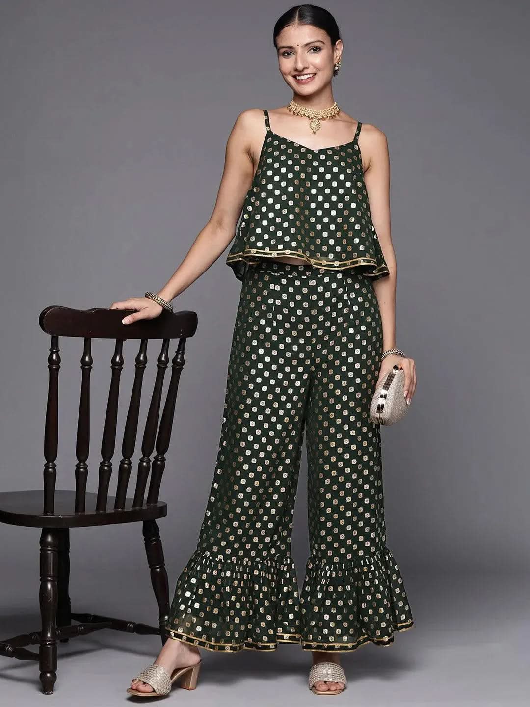 Green Printed Georgette Top With Palazzos
Green Printed Georgette Top With Palazzos