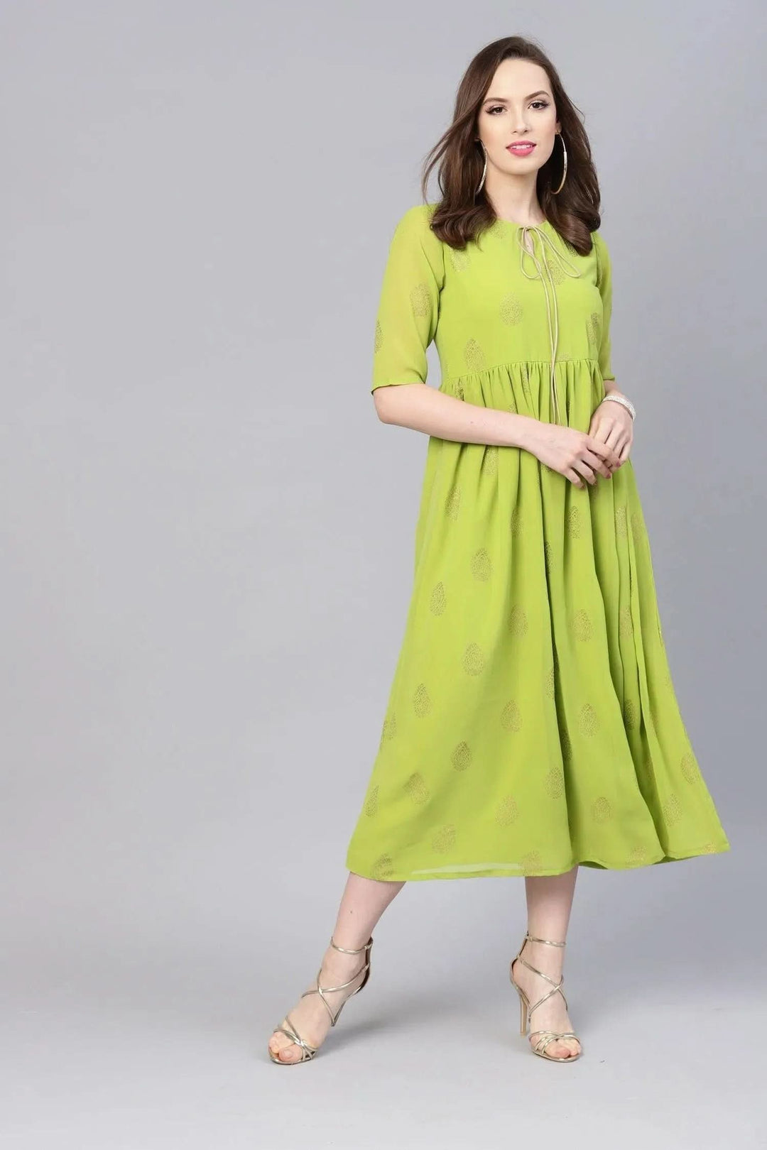 Green Printed Polyester Dress - Libas