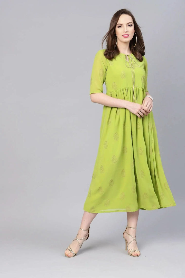 Green Printed Polyester Dress - Libas