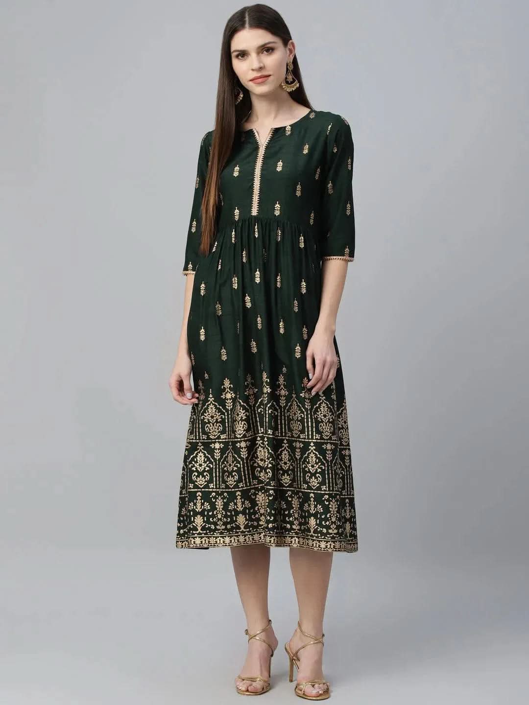 Green Printed Polyester Dress - Libas