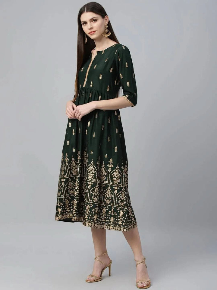 Green Printed Polyester Dress - Libas