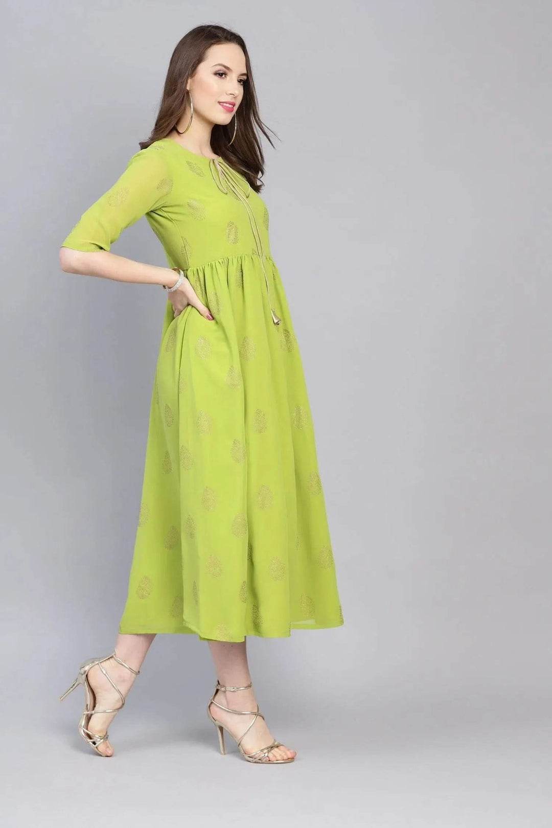 Green Printed Polyester Dress - Libas