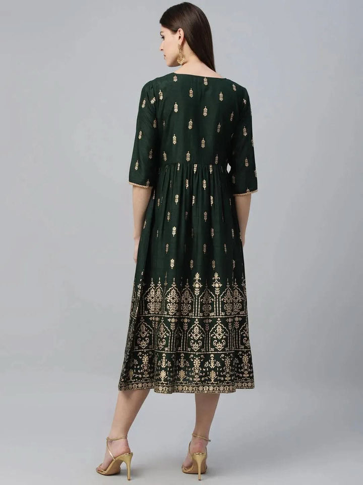 Green Printed Polyester Dress - Libas