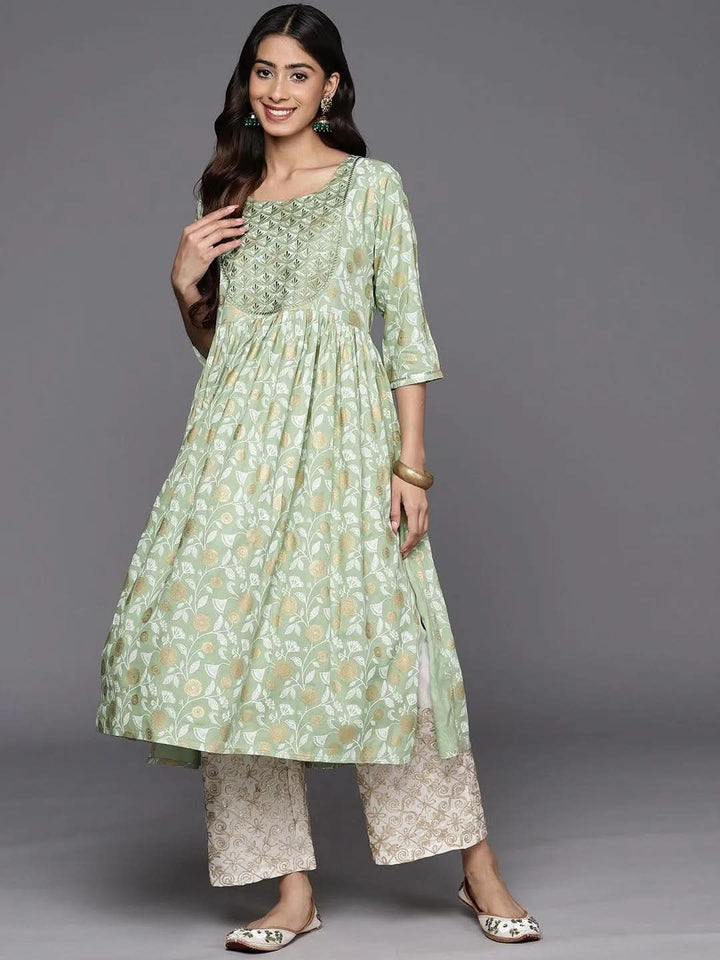 Green Printed Rayon A-Line Kurta - Libas