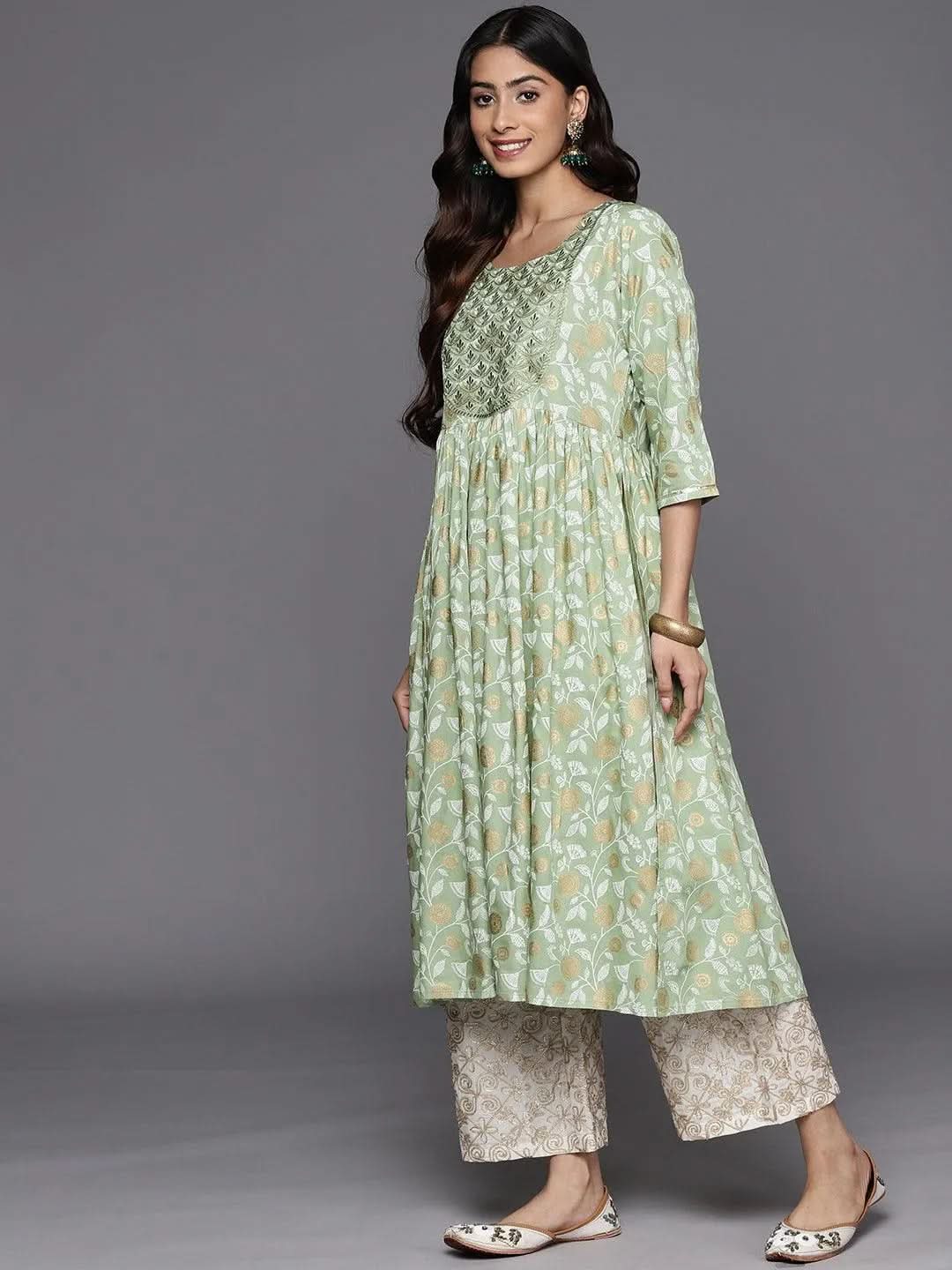Green Printed Rayon A-Line Kurta - Libas
