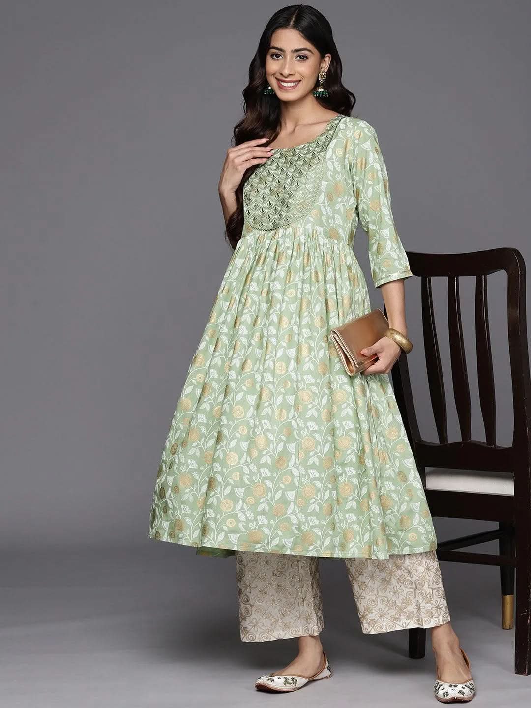 Green Printed Rayon A-Line Kurta - Libas