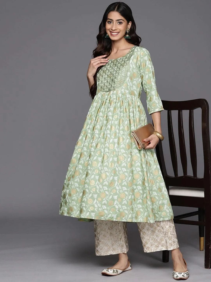 Green Printed Rayon A-Line Kurta - Libas