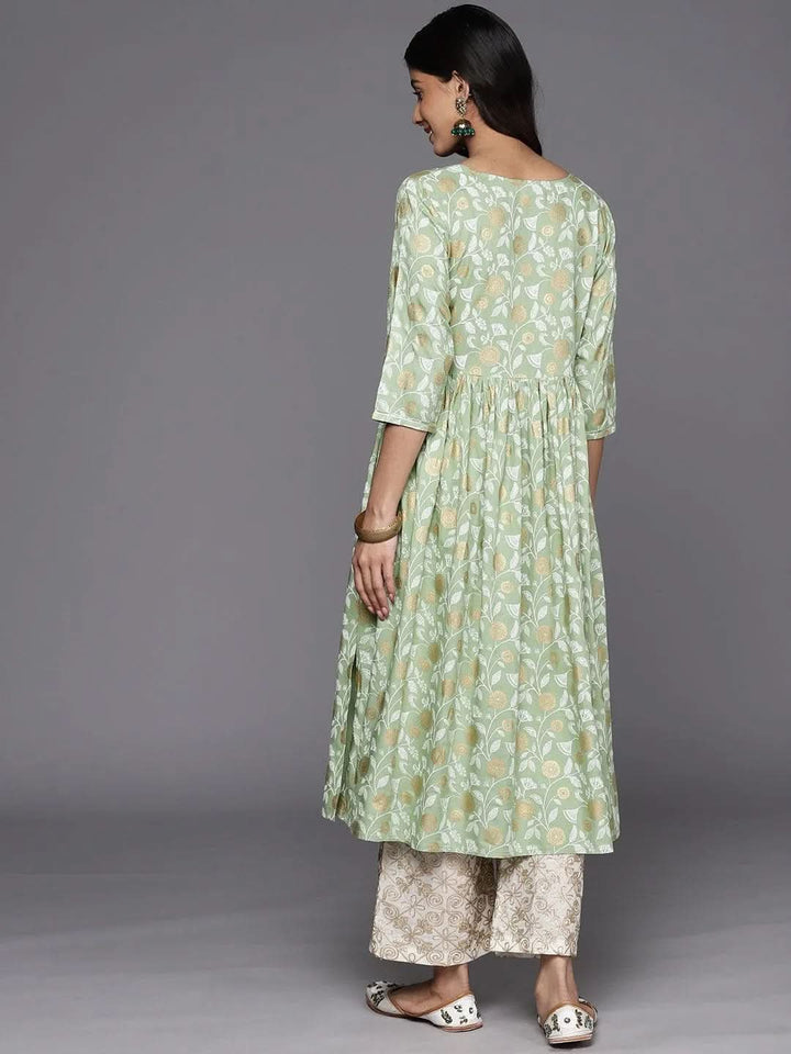 Green Printed Rayon A-Line Kurta - Libas