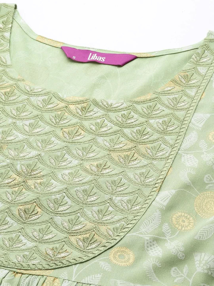 Green Printed Rayon A-Line Kurta - Libas