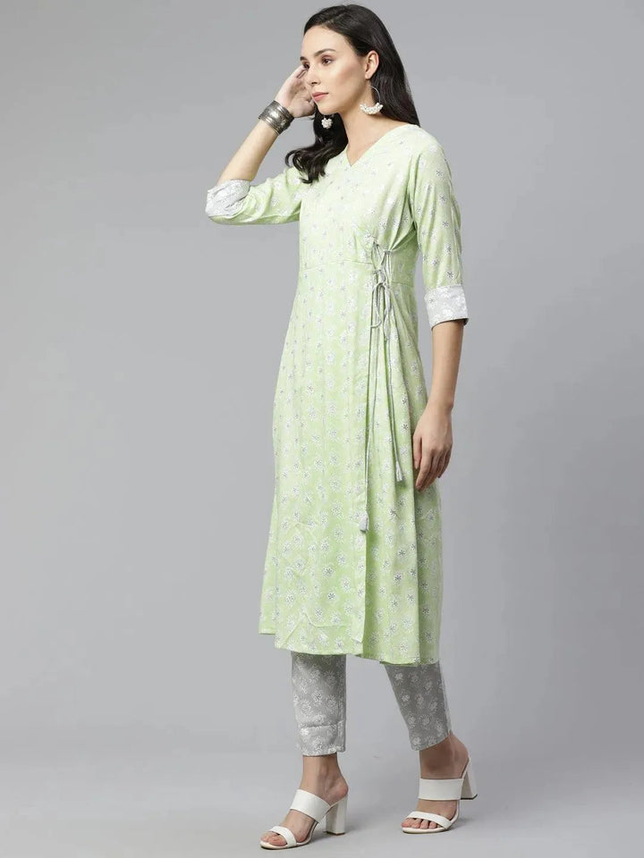Green Printed Rayon Kurta Set - Libas
