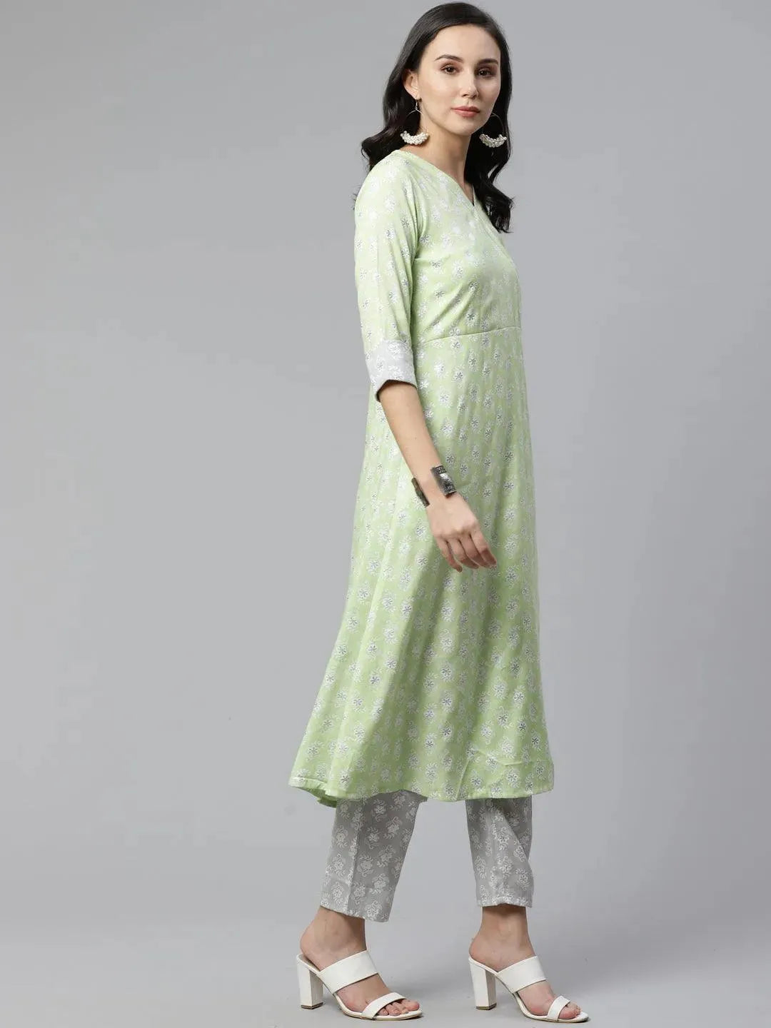 Green Printed Rayon Kurta Set - Libas