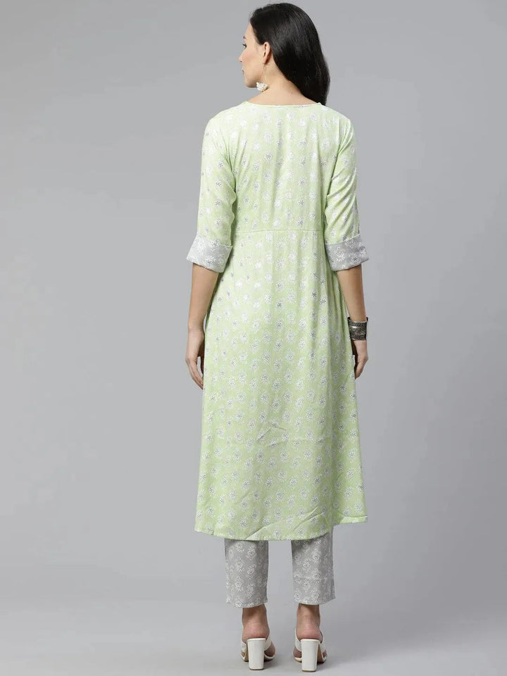 Green Printed Rayon Kurta Set - Libas