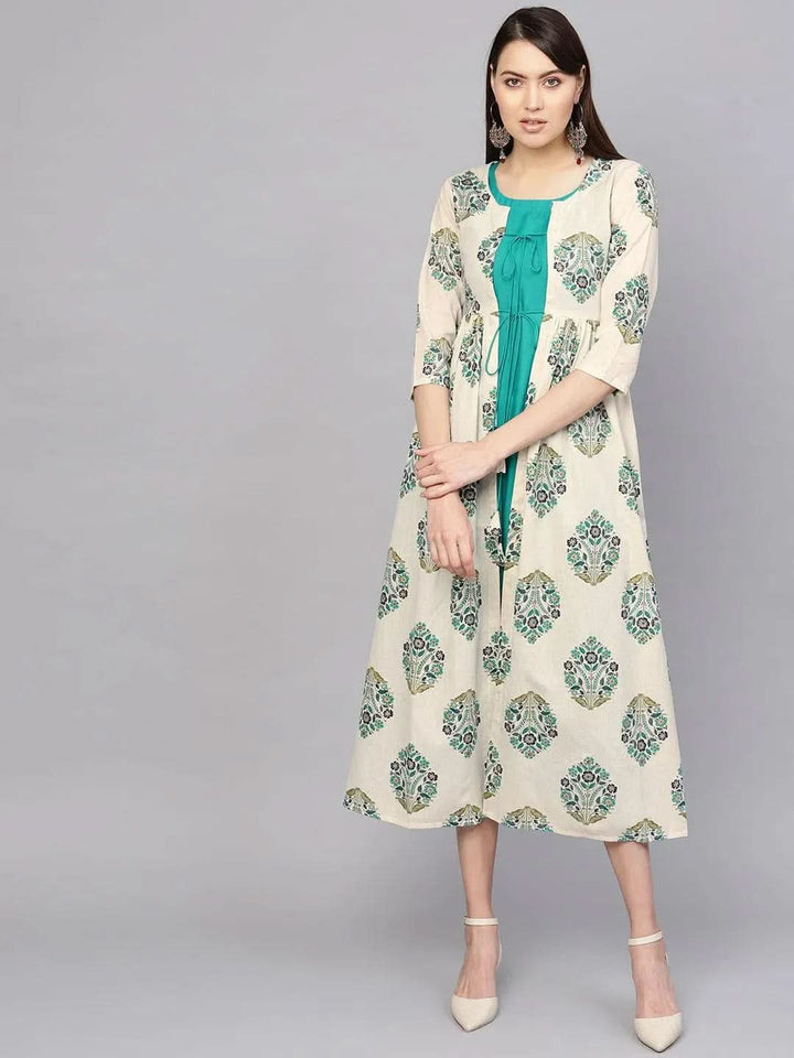 Green Printed Rayon Dress With Jacket - Libas