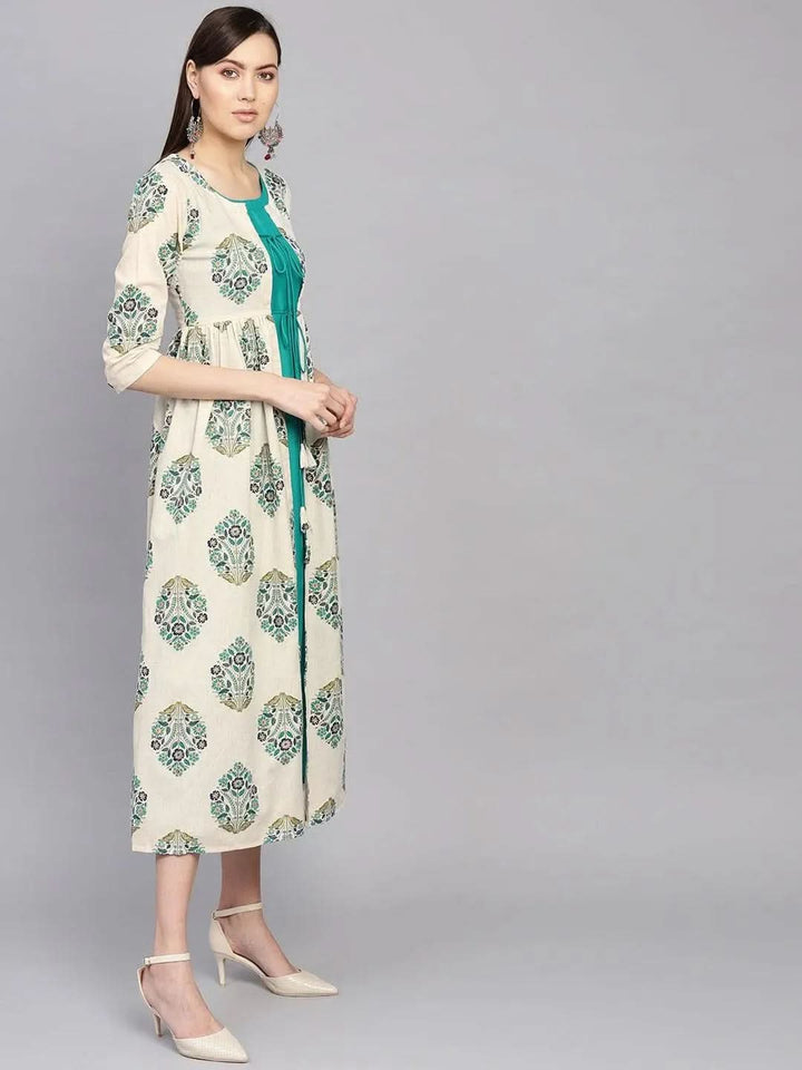 Green Printed Rayon Dress With Jacket - Libas