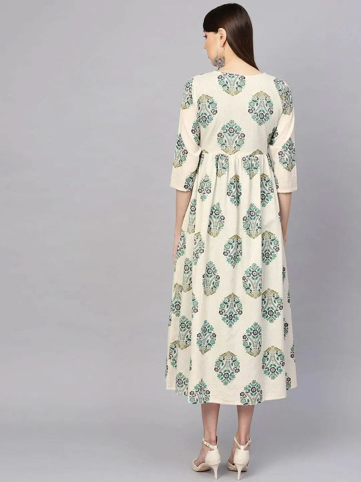 Green Printed Rayon Dress With Jacket - Libas