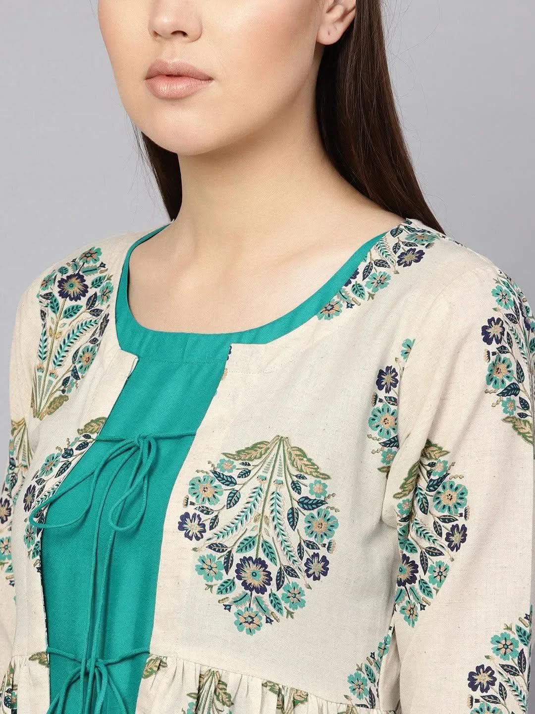 Green Printed Rayon Dress With Jacket - Libas