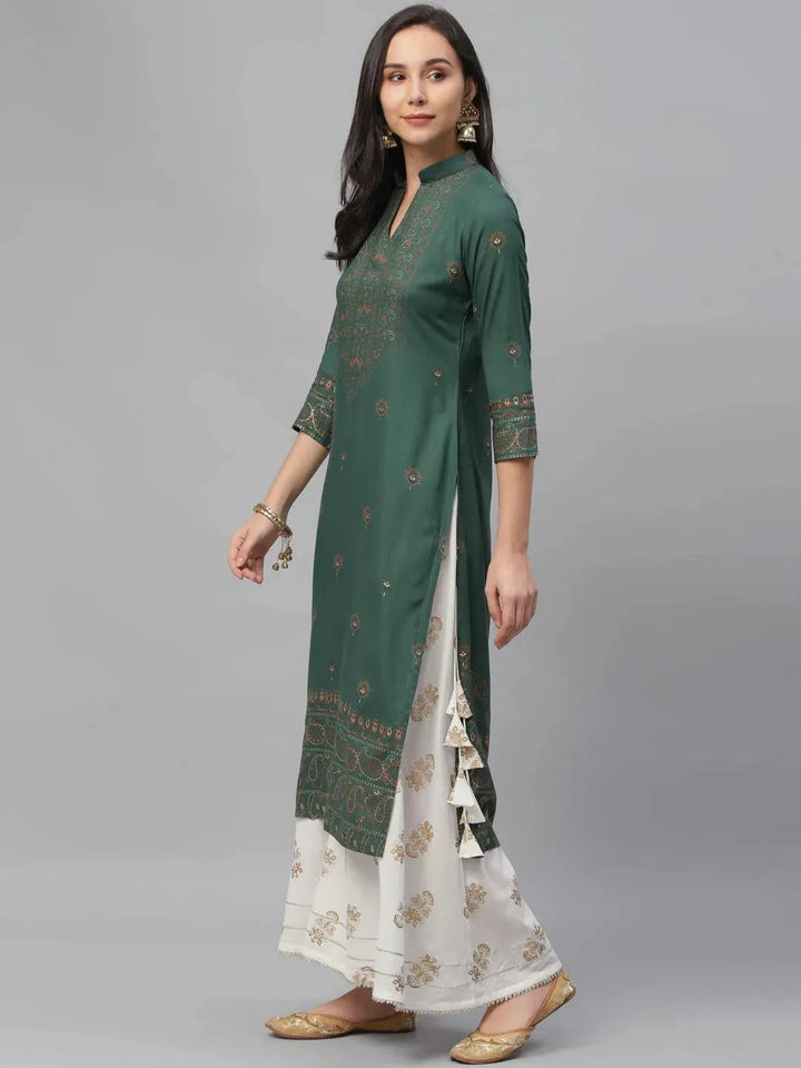 Green Printed Rayon Kurta - Libas