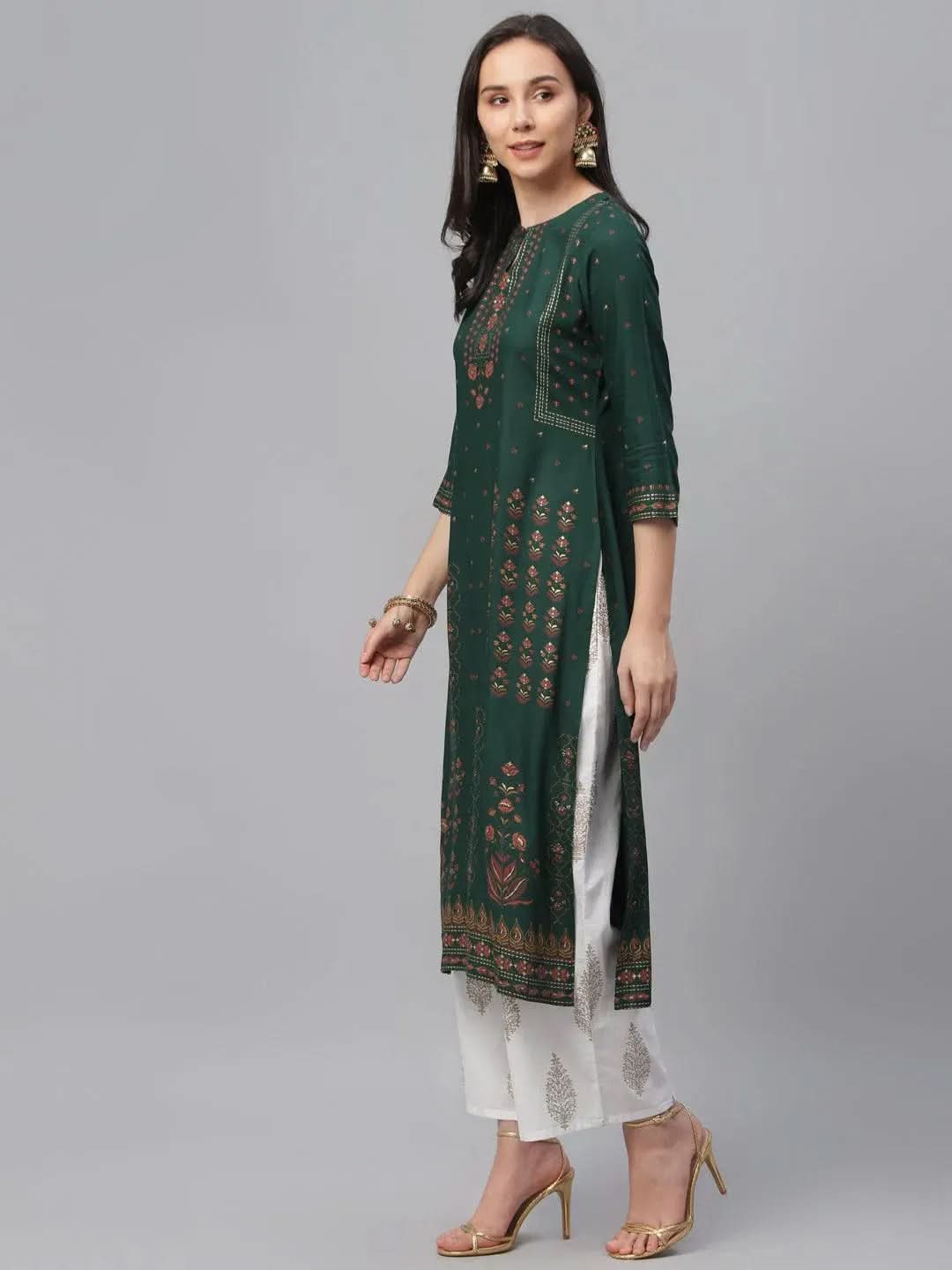 Green Printed Rayon Kurta - Libas