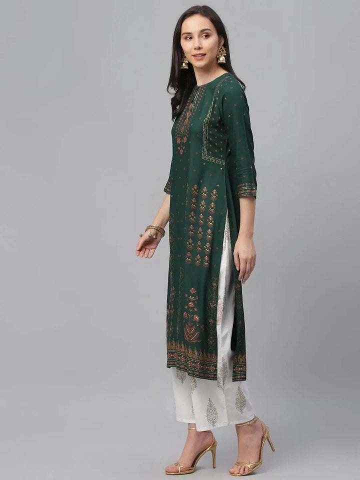 Green Printed Rayon Kurta - Libas