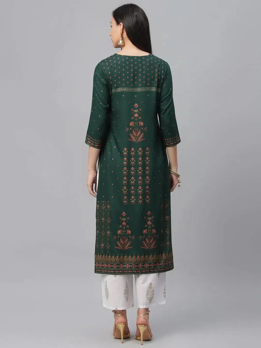 Green Printed Rayon Kurta - Libas