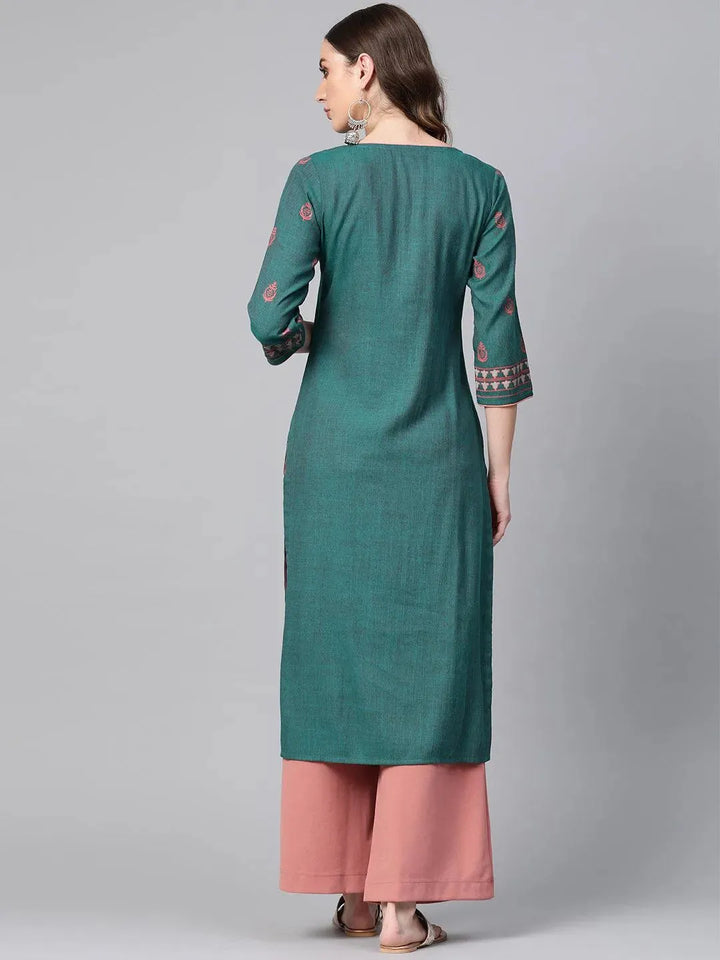 Green Printed Rayon Kurta - Libas