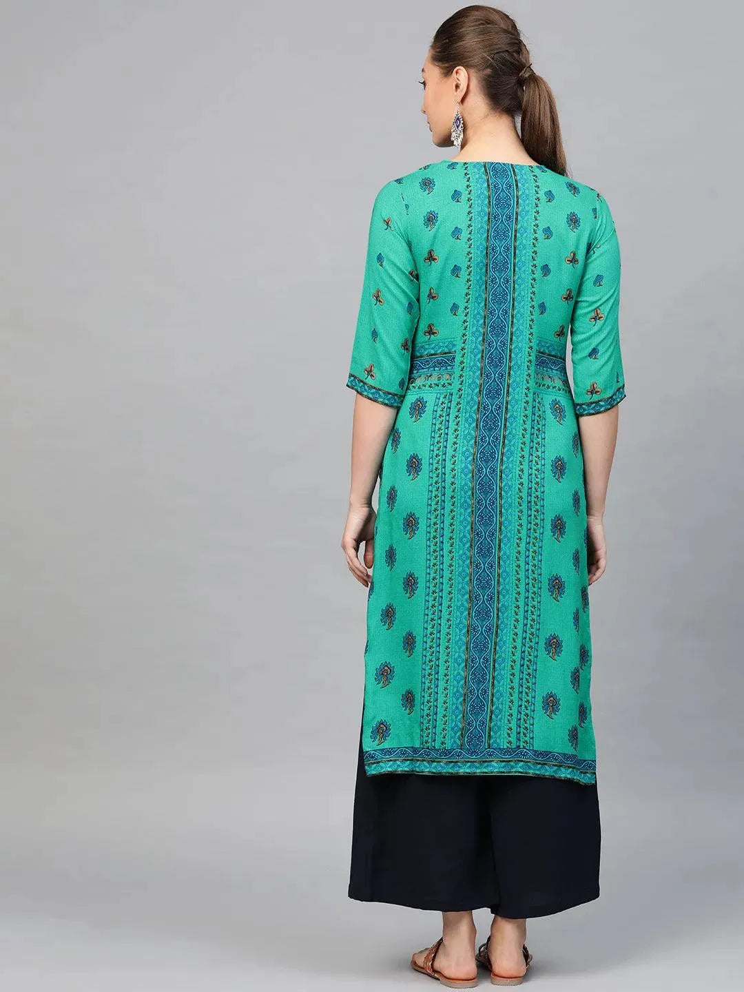 Green Printed Rayon Kurta - Libas