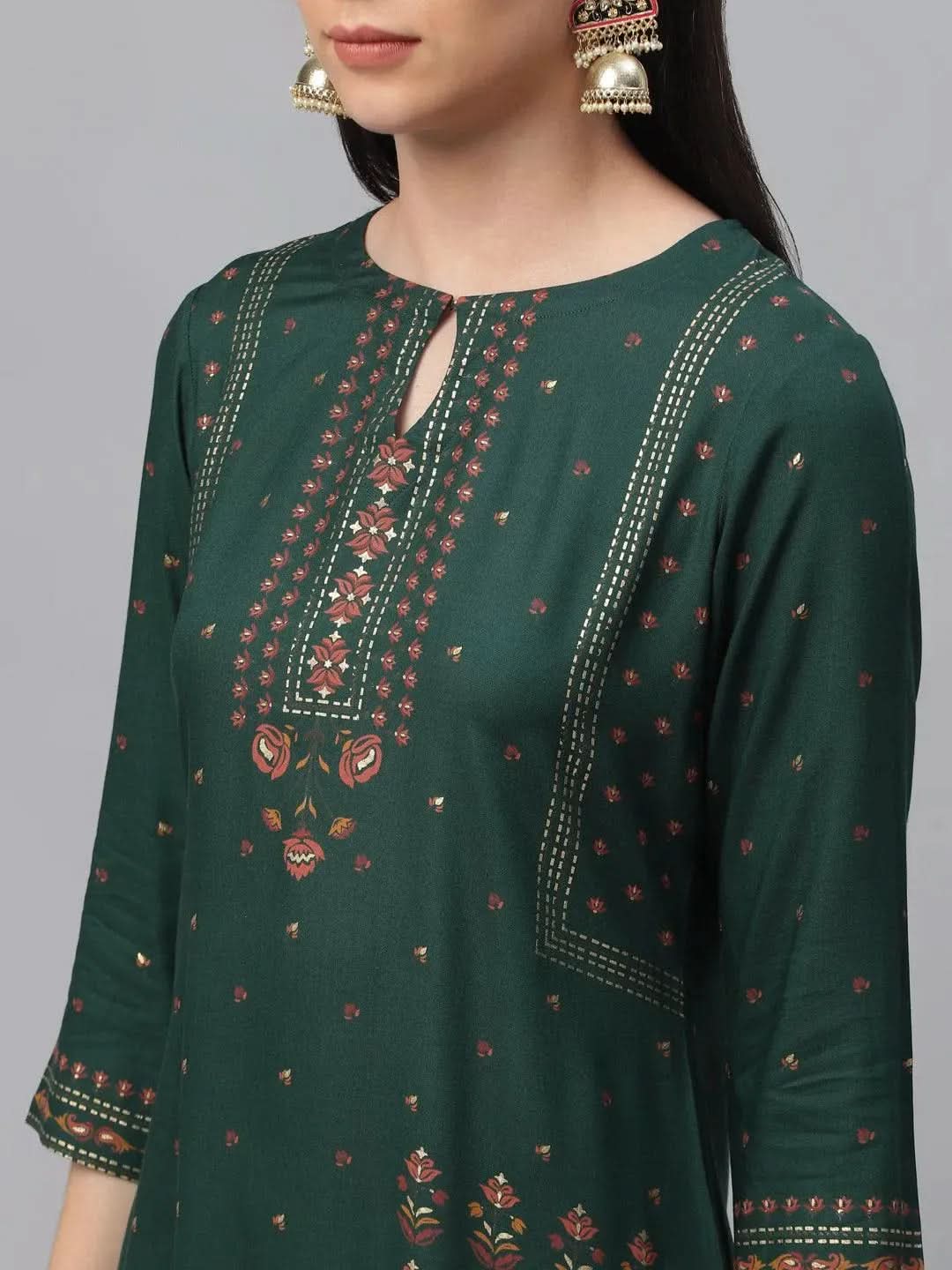 Green Printed Rayon Kurta - Libas