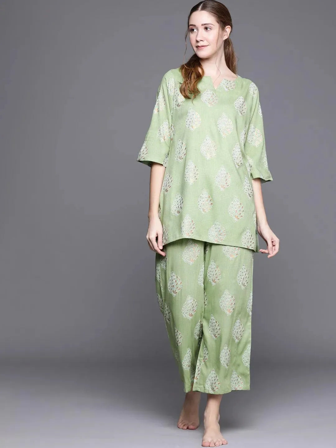 Green Printed Rayon Night Suit - Libas