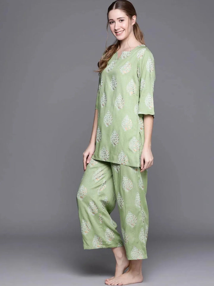 Green Printed Rayon Night Suit - Libas