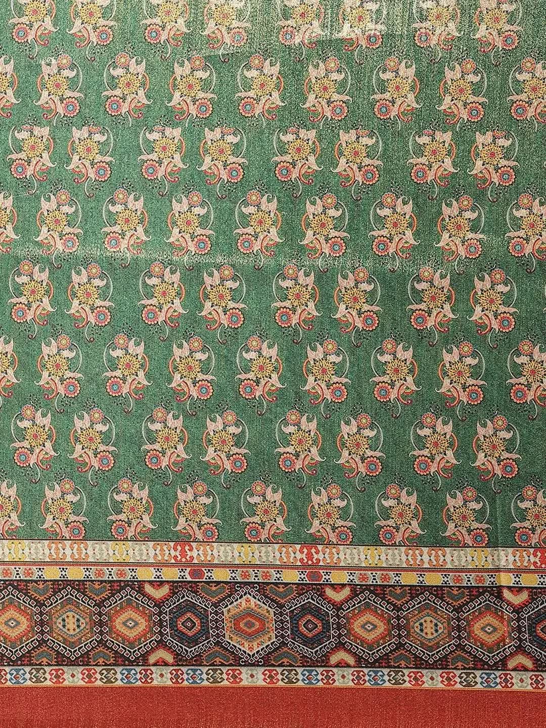 Green Printed Satin Saree - Libas