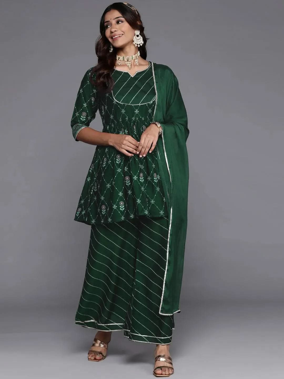 Green Printed Silk Blend A-Line Kurta With Palazzos & Dupatta - Libas