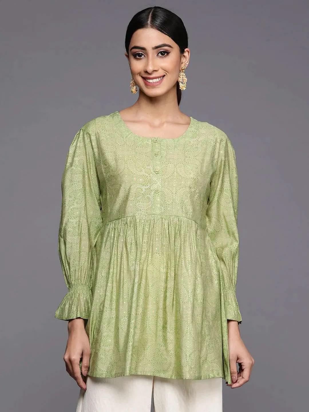Green Printed Silk Blend A-Line Kurti - Libas