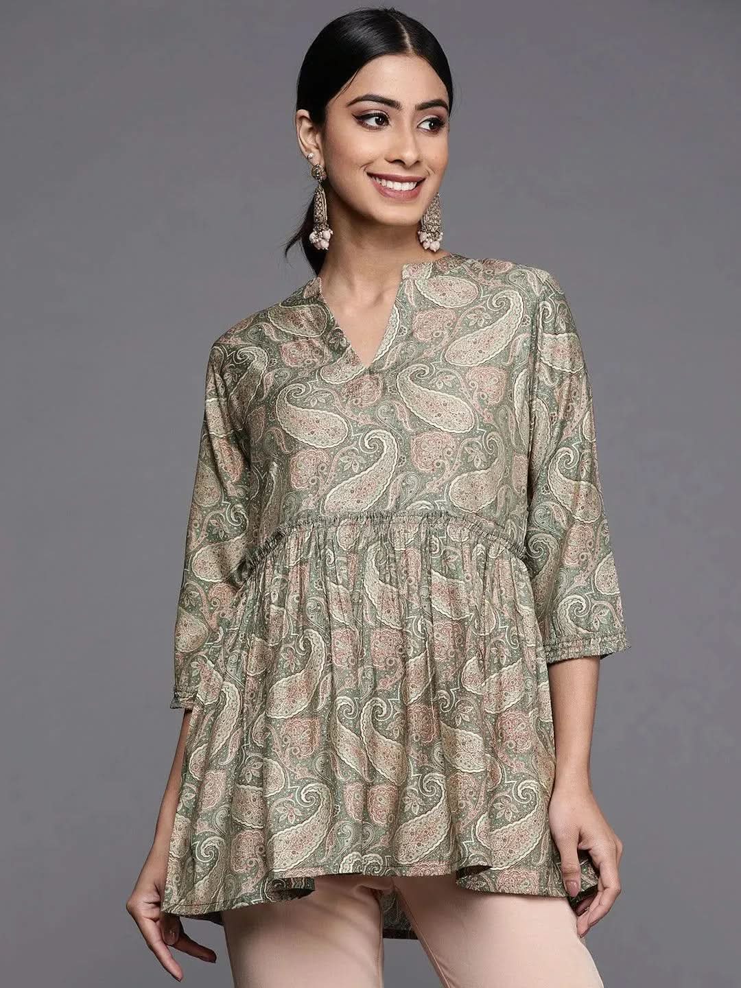 Green Printed Silk Blend A-Line Kurti - Libas