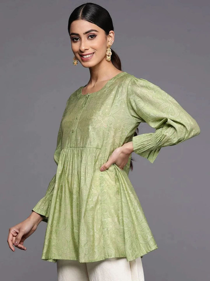 Green Printed Silk Blend A-Line Kurti - Libas