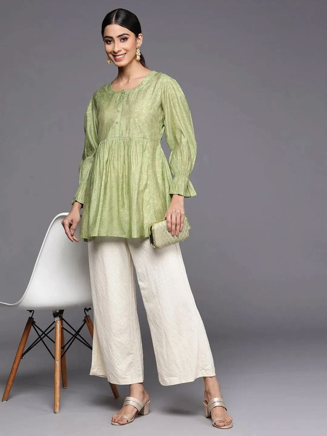 Green Printed Silk Blend A-Line Kurti - Libas