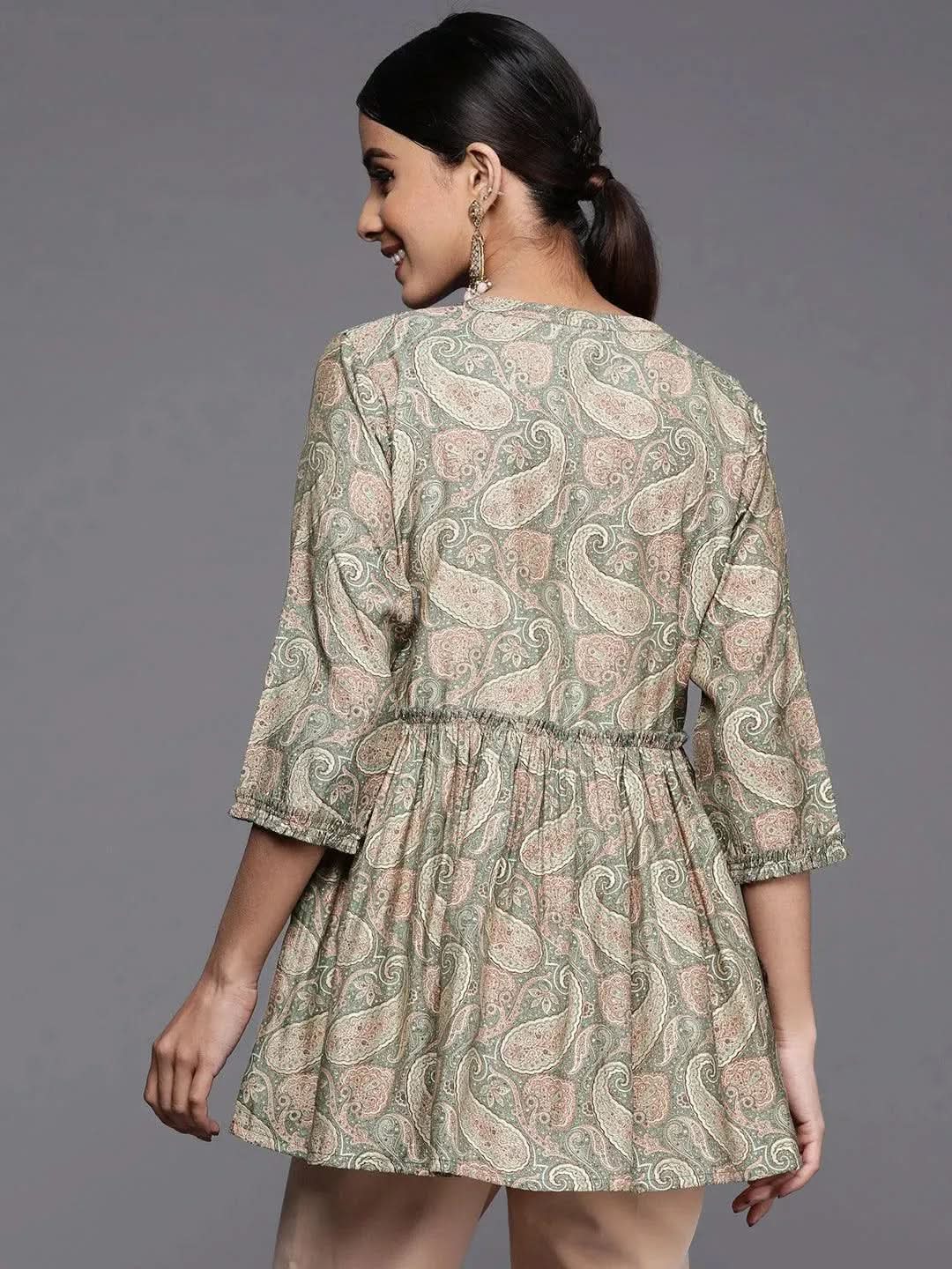 Green Printed Silk Blend A-Line Kurti - Libas