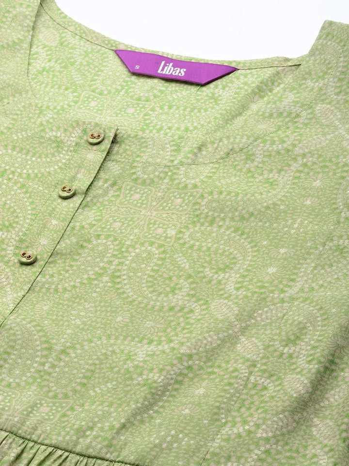 Green Printed Silk Blend A-Line Kurti - Libas
