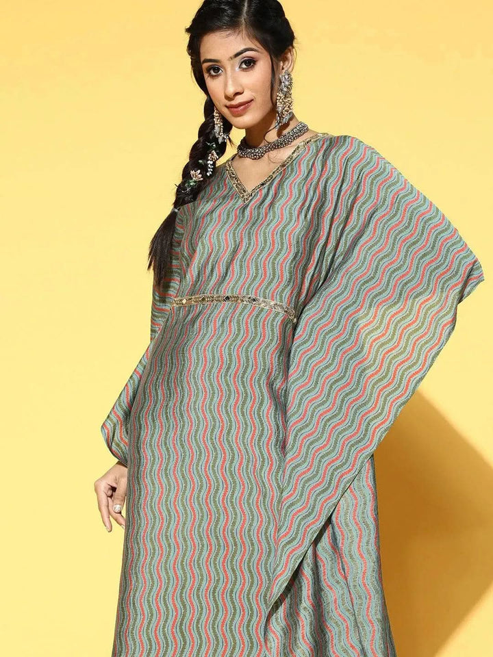 Green Printed Silk Blend Dress - Libas