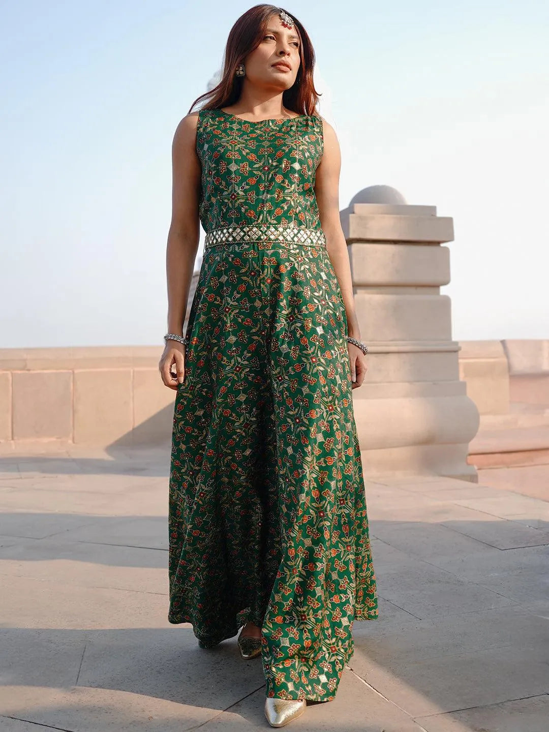 Green Printed Silk Blend Jumpsuit With belt - Main Image