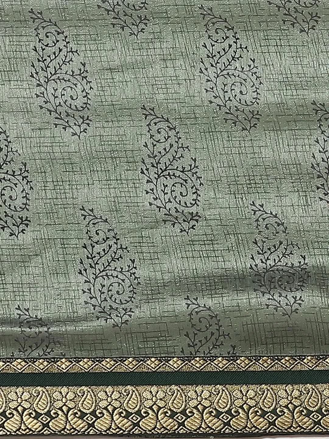 Green Printed Silk Blend Saree - Libas
