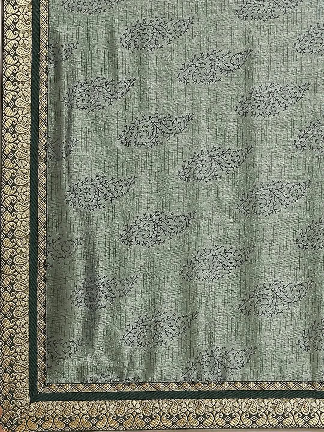 Green Printed Silk Blend Saree - Libas