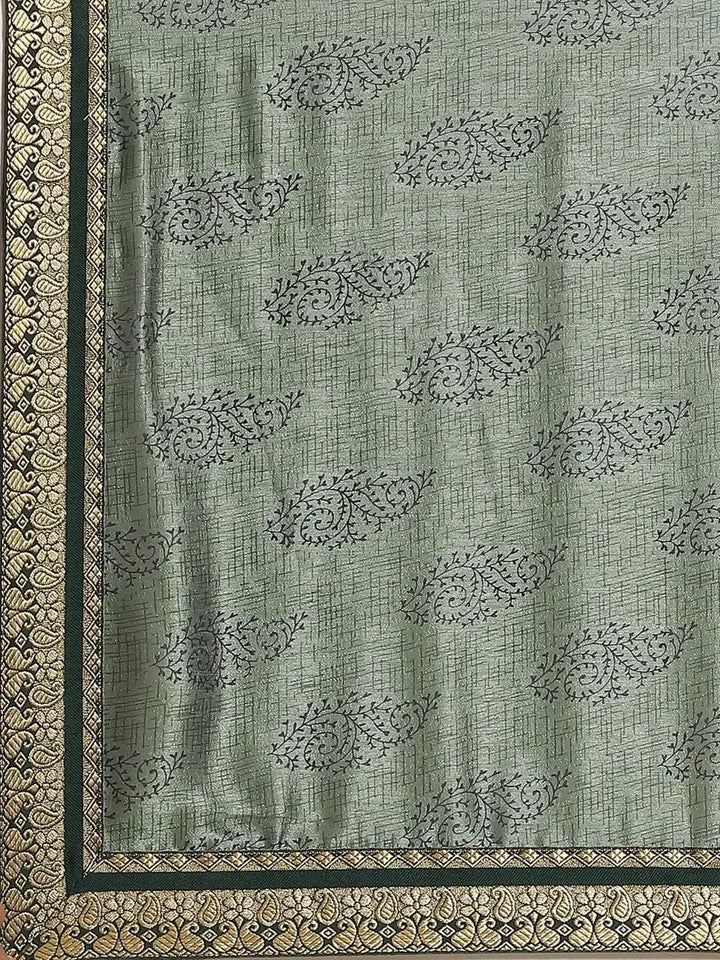 Green Printed Silk Blend Saree - Libas