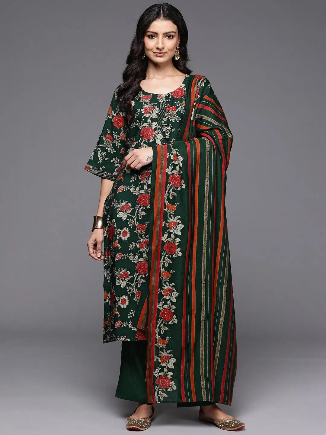 Green Printed Silk Blend Straight Kurta With Palazzos & Dupatta - Libas