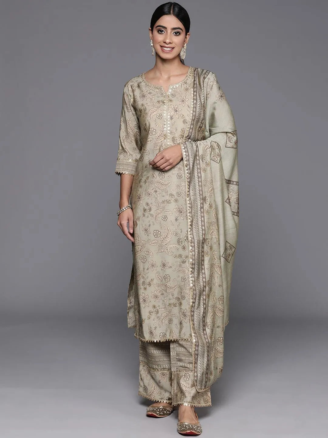 Green Printed Silk Blend Straight Kurta With Palazzos & Dupatta - Libas