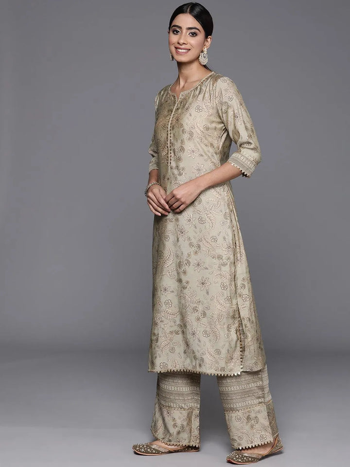Green Printed Silk Blend Straight Kurta With Palazzos & Dupatta - Libas