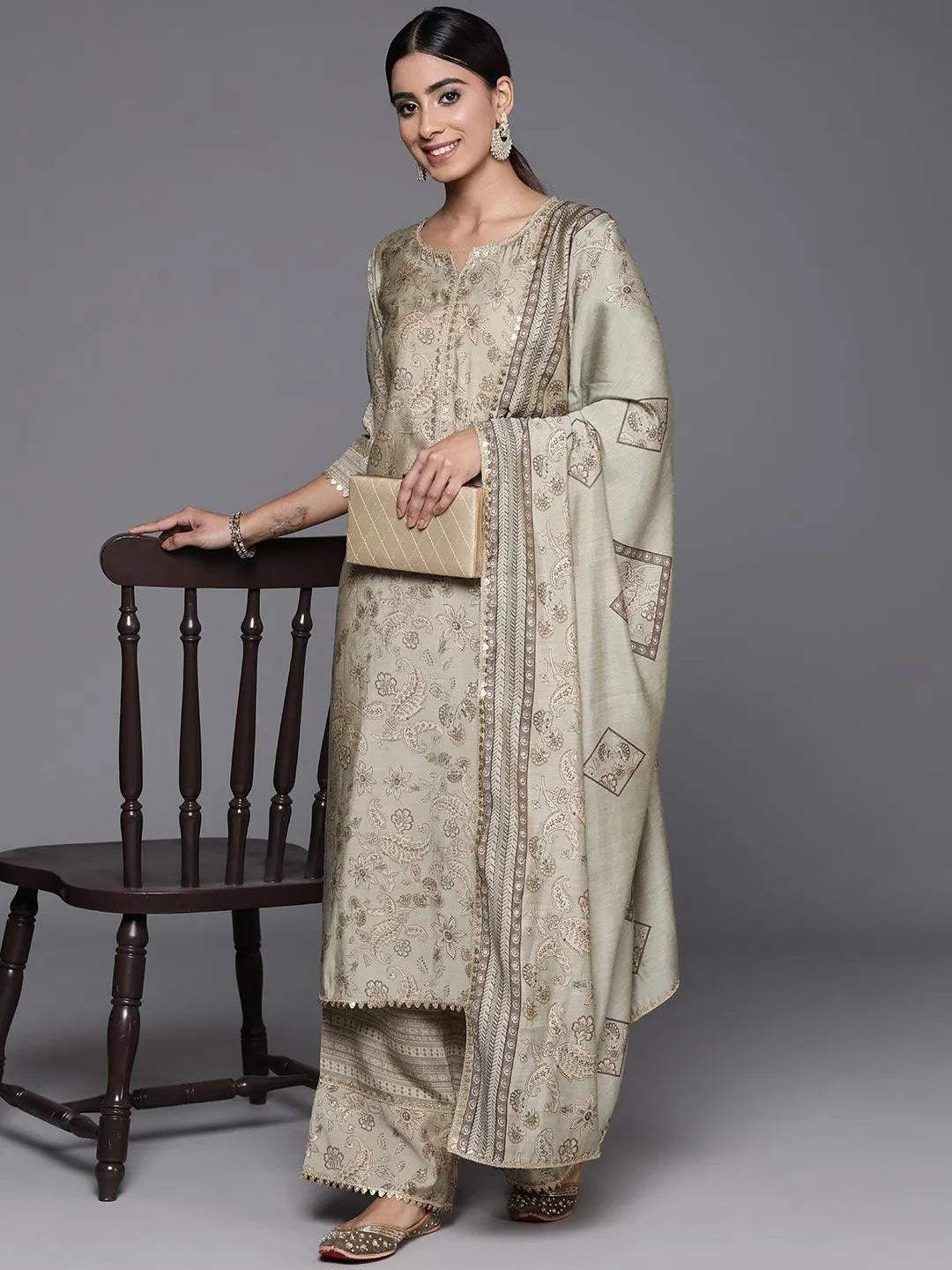 Green Printed Silk Blend Straight Kurta With Palazzos & Dupatta - Libas